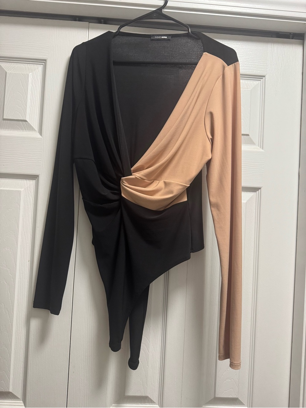 Fashion Nova Black and Nude Colorblock Draped Bodysuit
